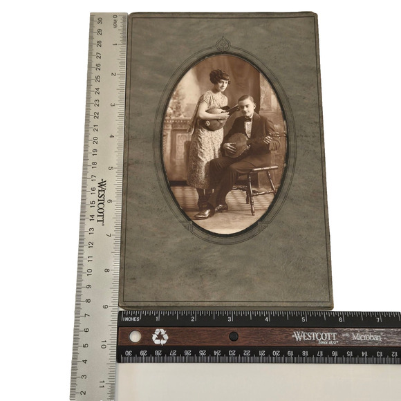 Antique Studio Photo Musical Duo Couple Banjo Mandolin Guitar Edwardian Fashion - Picture 5 of 5
